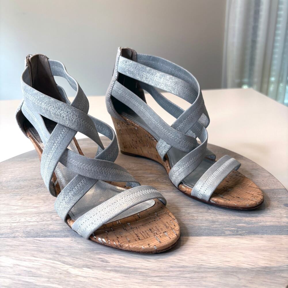 Donald J Pliner Jemi Silver Crisscross Wedge Sandals 8.5 M 8.5 Cork Heel Straps